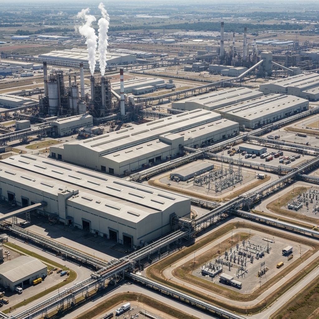 Rendering of the proposed aluminum smelter facility with exhaust stacks